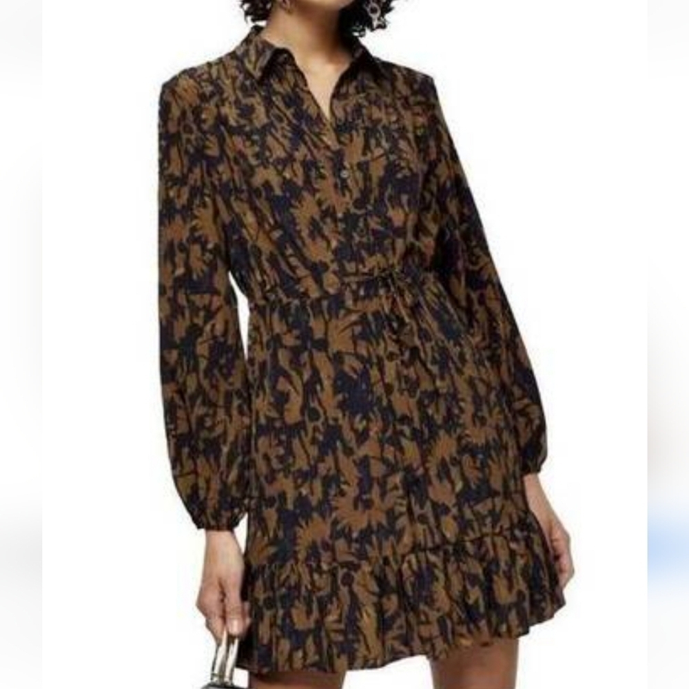 Topshop Camo Floral Mini Dress Tiered Short Brown Black Flowy Feminine Tie Waist